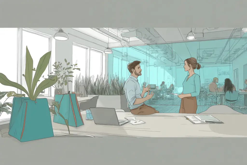 Team members discussing workplace strategies in a modern office setting.