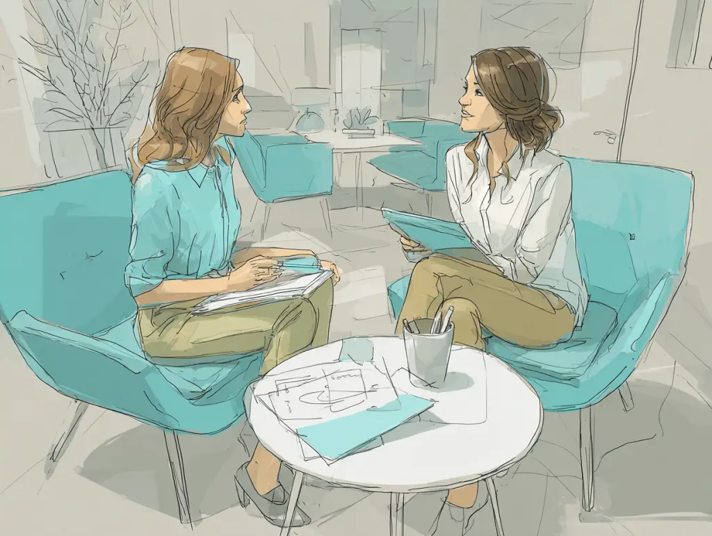 A manager and employee seated at a table discussing goals during a workplace coaching session.