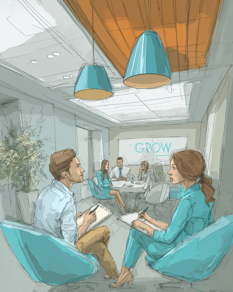 A group of professionals practising coaching skills in a workplace training session.