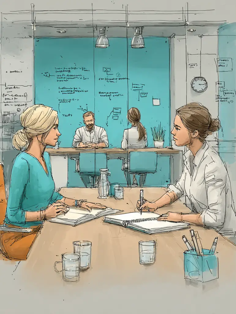 Two colleagues practise communication and feedback in a coaching-style conversation.