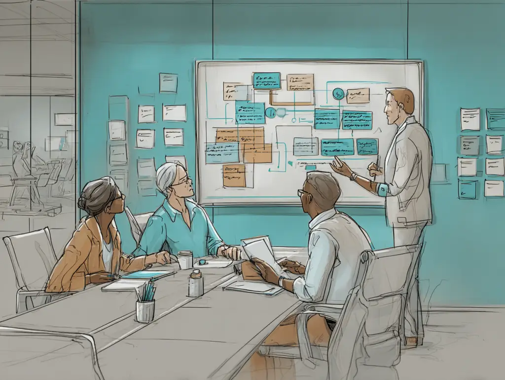 Professionals in a workplace meeting discussing options and recording ideas during a decision-making workshop.