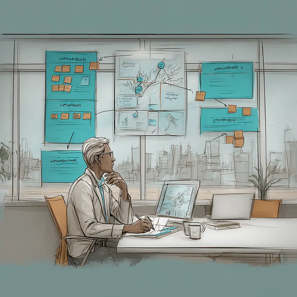 A professional reviewing reports and notes while analysing options during a decision-making course.