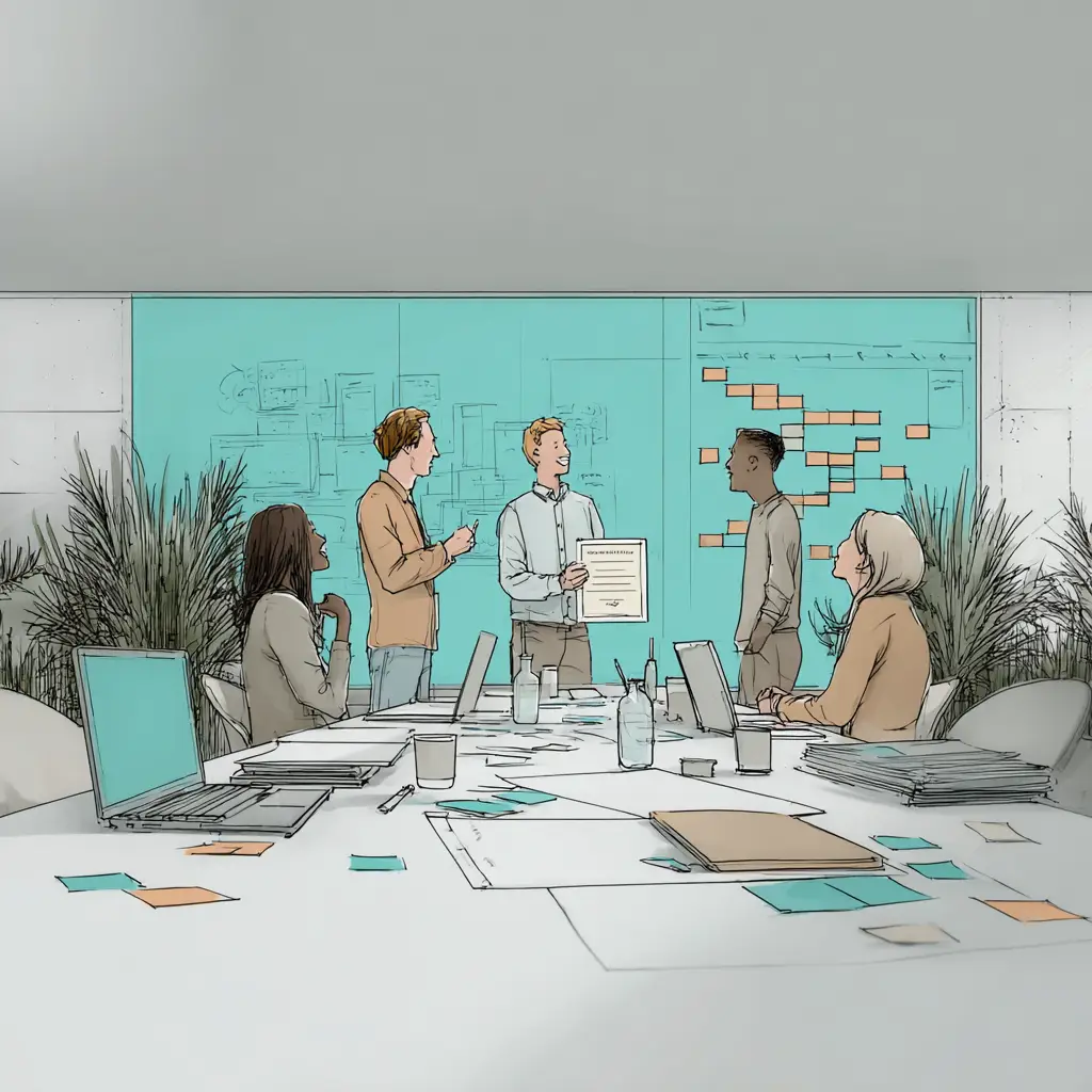 Professional managing projects at their desk with a framed project management certificate on the wall.